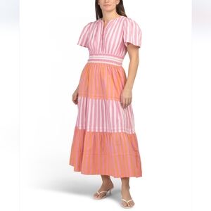 LEA Women's Pink Orange Stripped Short Sleeve Maxi Dress